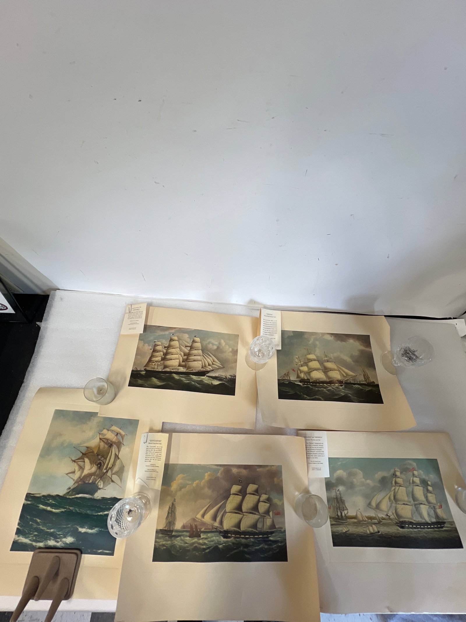 Nautical Lithographs After Well Know Artist (5): All at 17”W by 14”H. Lot includes: “Lancaster” painted by William Clarkson Stanfield: “Matilda Wattenbach” painted by Montague Dawson, “Bellona and Minerva” by