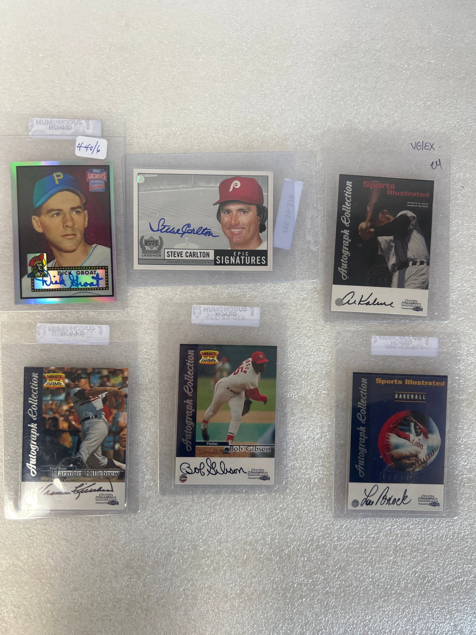 Six Autographed Baseball Cards. All with COA'a: As pictured Six in the lot All with certificates of authenticity Bob Gibson, Lou Brock, Harmon Killebrew, Al Kaline, Steve Carlton and Richard Groat. Six in the lot