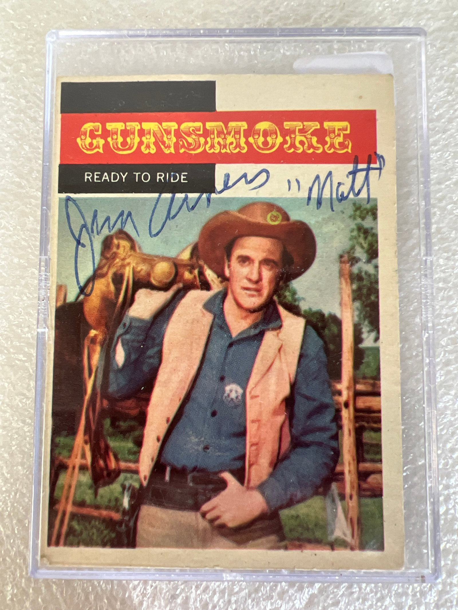 1958 Topps Western Gunsmoke Sgd James Arness Card: Sgd in ink Jim Aenwaa "Matt'