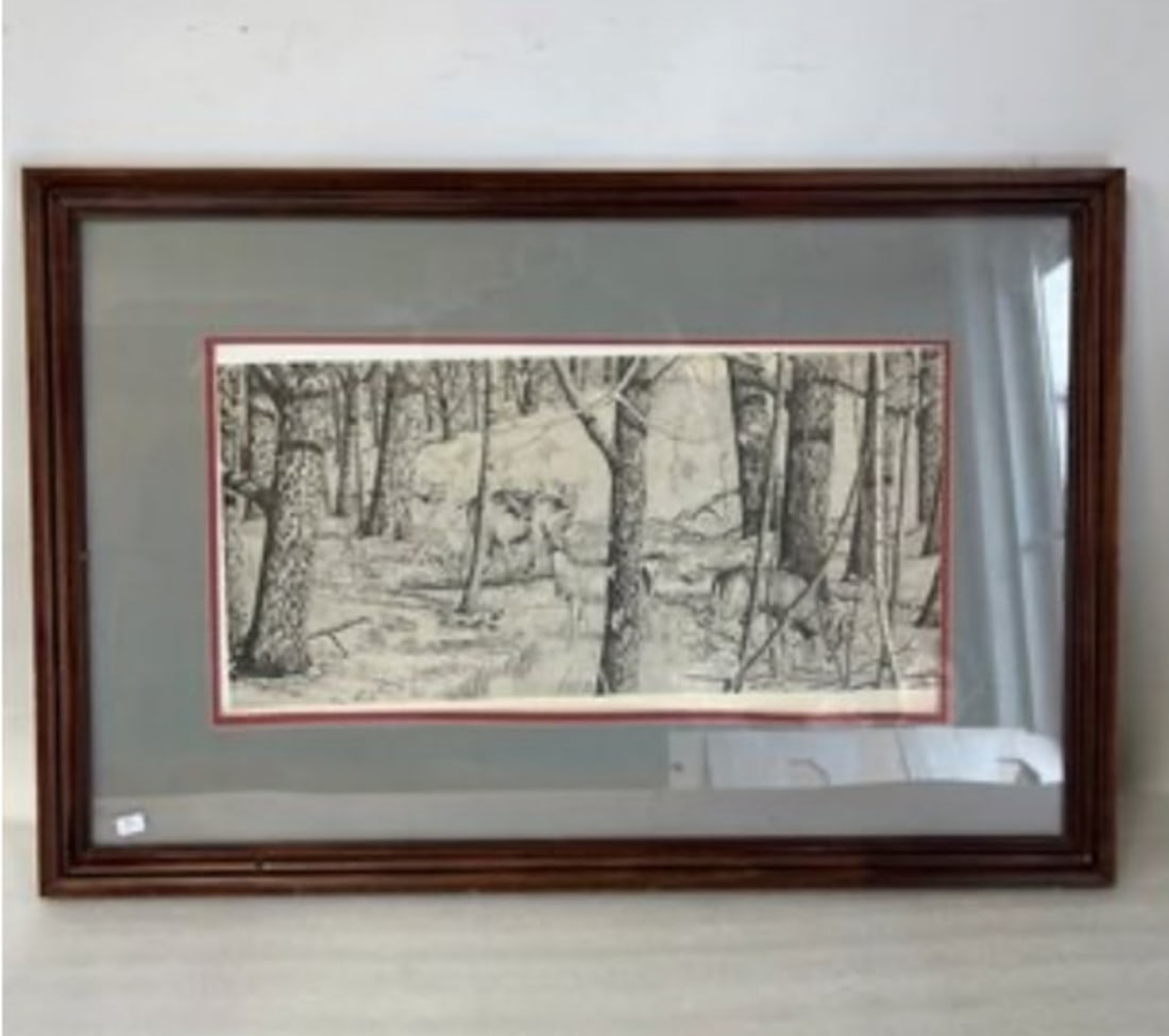 P. Mesick. Lithograph, Deer In Woods: Framed. 20" H by 30 1/2" W