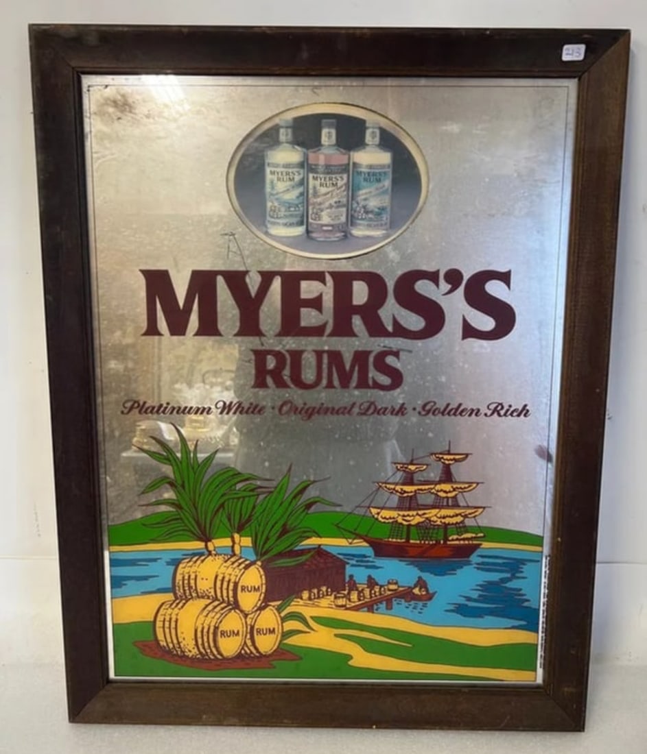 Myers Rum Mirrored Advertising Sign: 26 1/2" x 20 1/2" Framed As Pictured