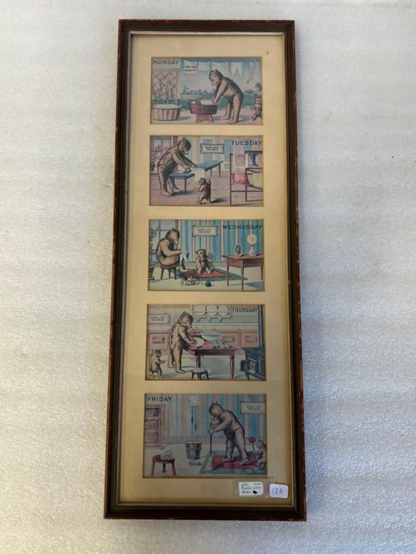 Vintage Framed Set Of Reproduction "Days of the Week" Postcards: Lot includes Mon-Fri. Framed. 21"H by 8"W