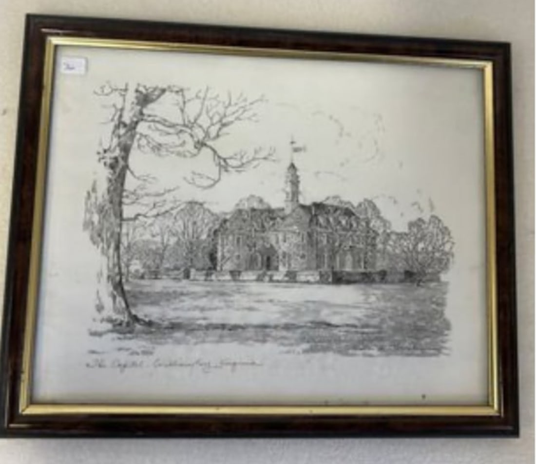 Charles H. Ovwerlay . The Capital At Williamsburg: Signed and entitled Engraving. Framed. 12 1/2"H x 16 1/2"W
