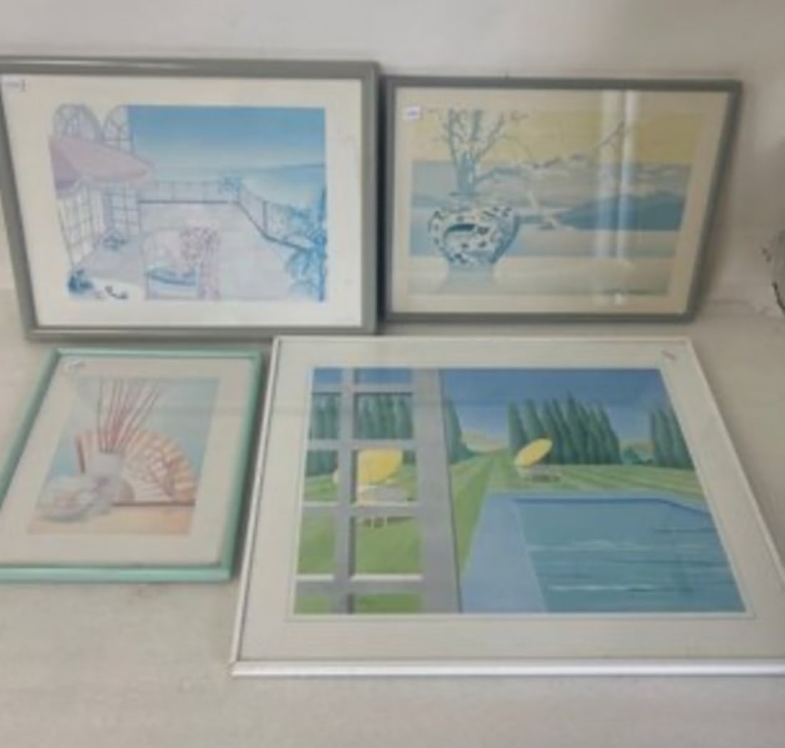 Seaside, Beach & Other Vintage Prints (4): Carlos Rios , Vases, Bamboo Shoots and Fan; Richard Ackerman Japanese Print, Vase with blossoms and two others. All framed. Largest 16" H by 20" W Smallest 11 1/2" H by 9 1/2" W