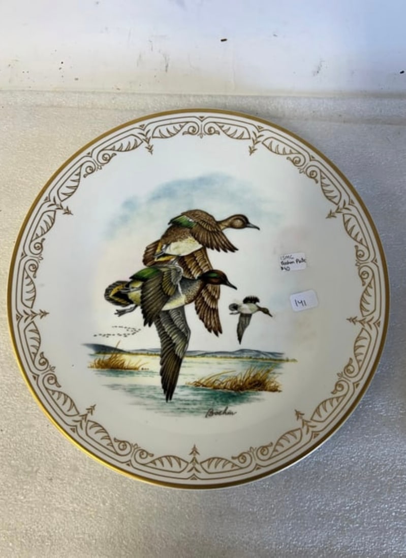 Limited Edition Edward Marshall Boehm "Green-Winged Teals" Collector plate: Hand-crafted English bone china with a pure gold border. Plate is from the Water Bird Collection. 11" in diameter.
