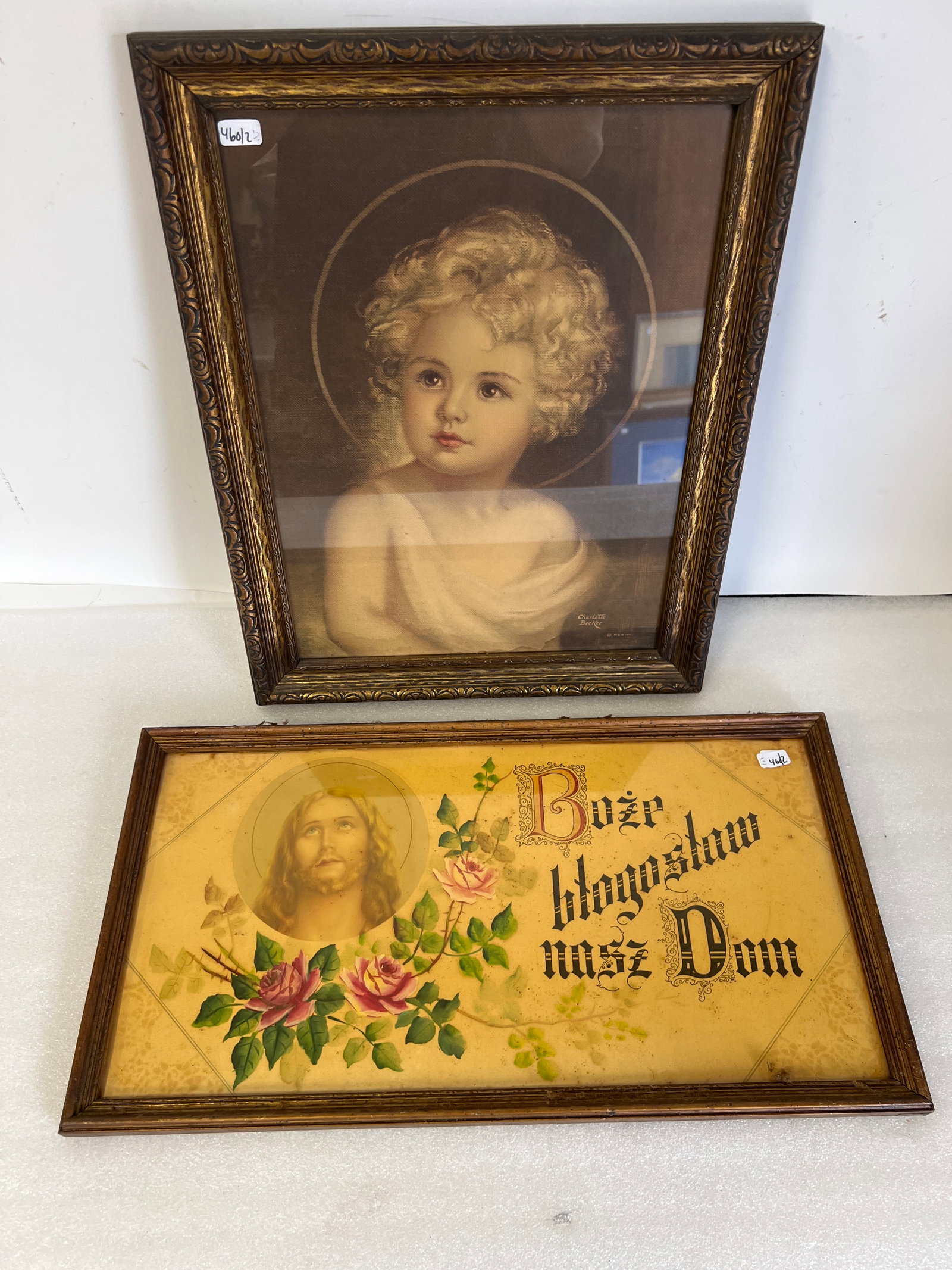 Religious Prints (2): One is sgd Charlotte Beeker bottom right it's size is 19" H by 14 1/2" W the other one is 11 1/2" H by 21 1/2" WCondition Report
