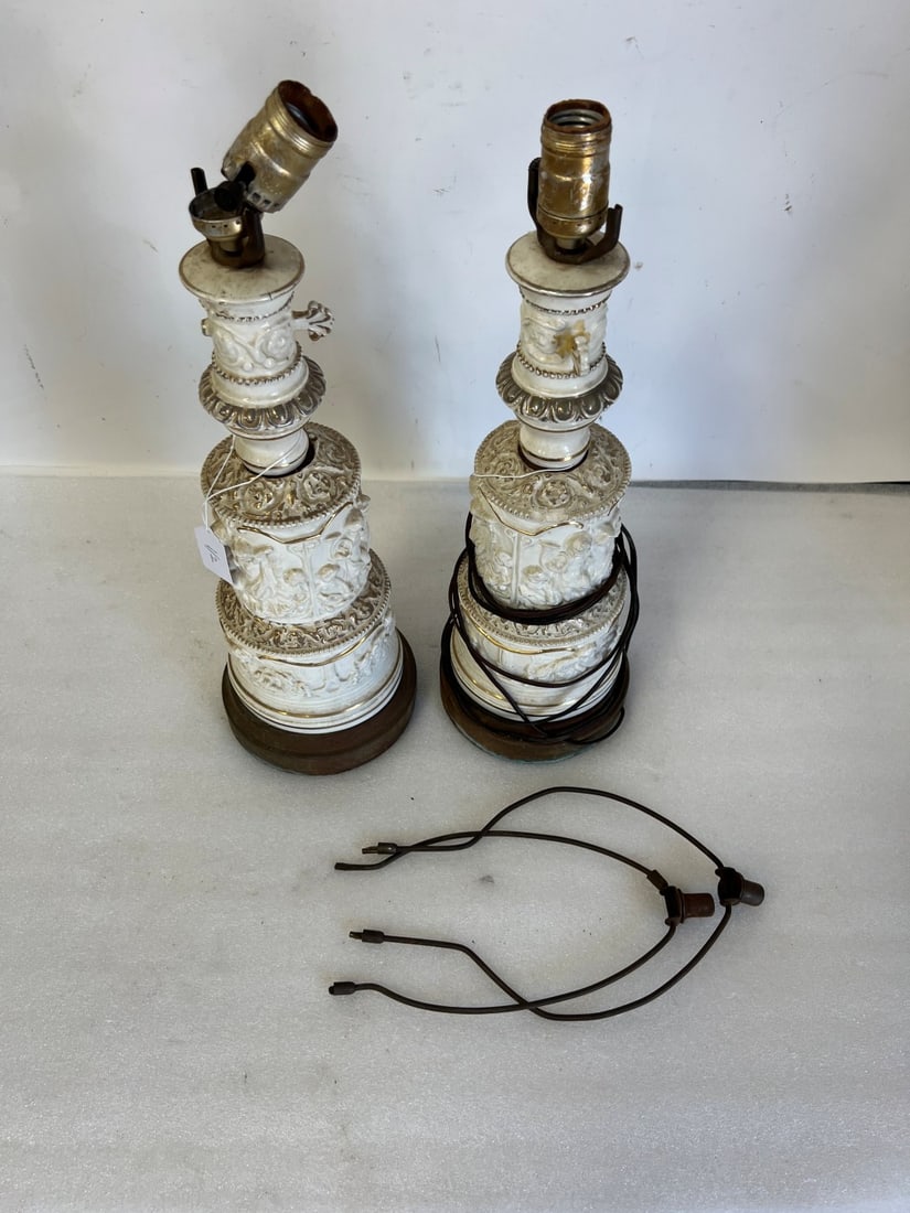 Porcelain Lamps Bases (2): Gilt decorated with bronze base 19" H