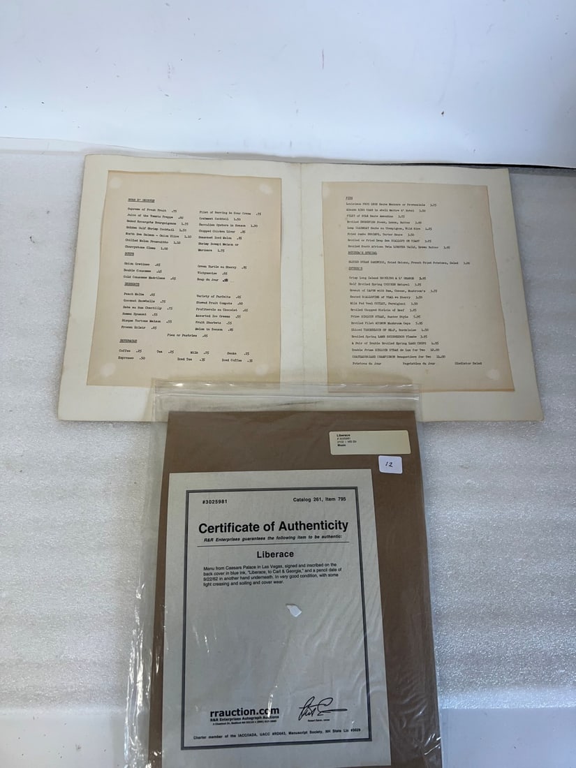 Liberace Autographed Menu (COA) (1 of 1)