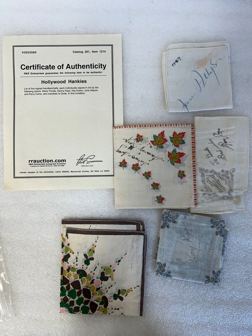 Hollywood Celebrity Hankies (5) All signed. (COA) (1 of 1)