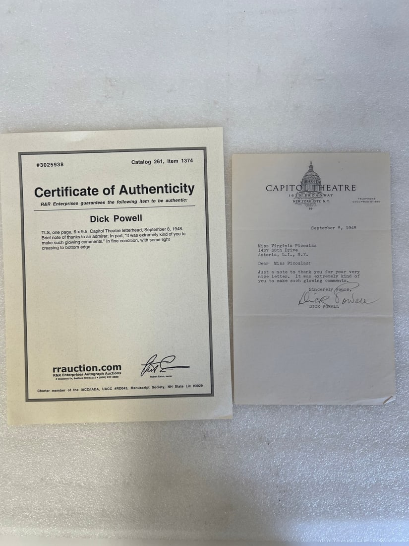 Note from Dick Powell: One page Capitol Theater letterhead, brief note of thanks to an admirer from Dick Powell
