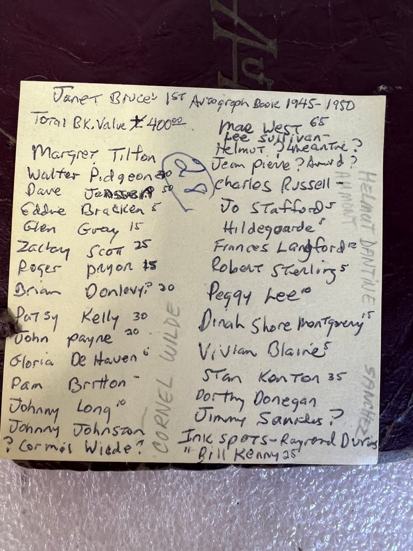 Autograph Book, 1945-1950 30 + Entries: Includes Zachary Scott, Walter Pidgeon. Gloria De aHaven , Mae West, Jo Stafford . Peggy Lee and so many others.