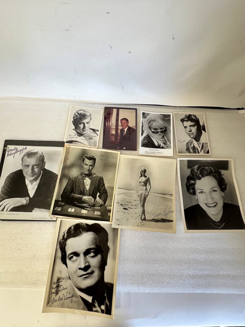 Collector Lot of Autographed Photos of Infamous Actors/Authors, etc.(9): Varying sizes. 7 are autographed and 2 are not. Lot includes pictures of Burt Lancaster, Cheri Caffaro, Sandor Konya, Richard Coogan, Rodney Dangerfield, Troy Donahue and 3 others.