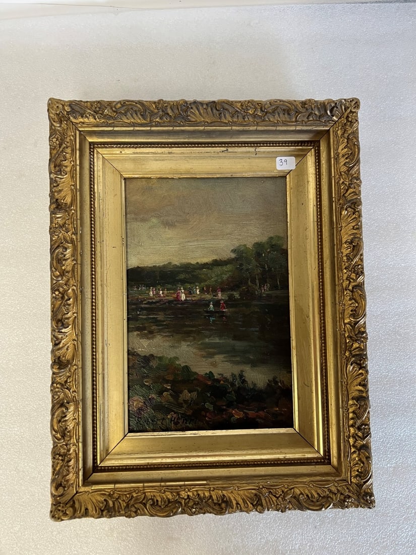 19th C. Oil on Board Folks Wading: Antique Gilt Frame. 13 1/2" x 10" W (Overall) 6 5/8 x 10 1/8"