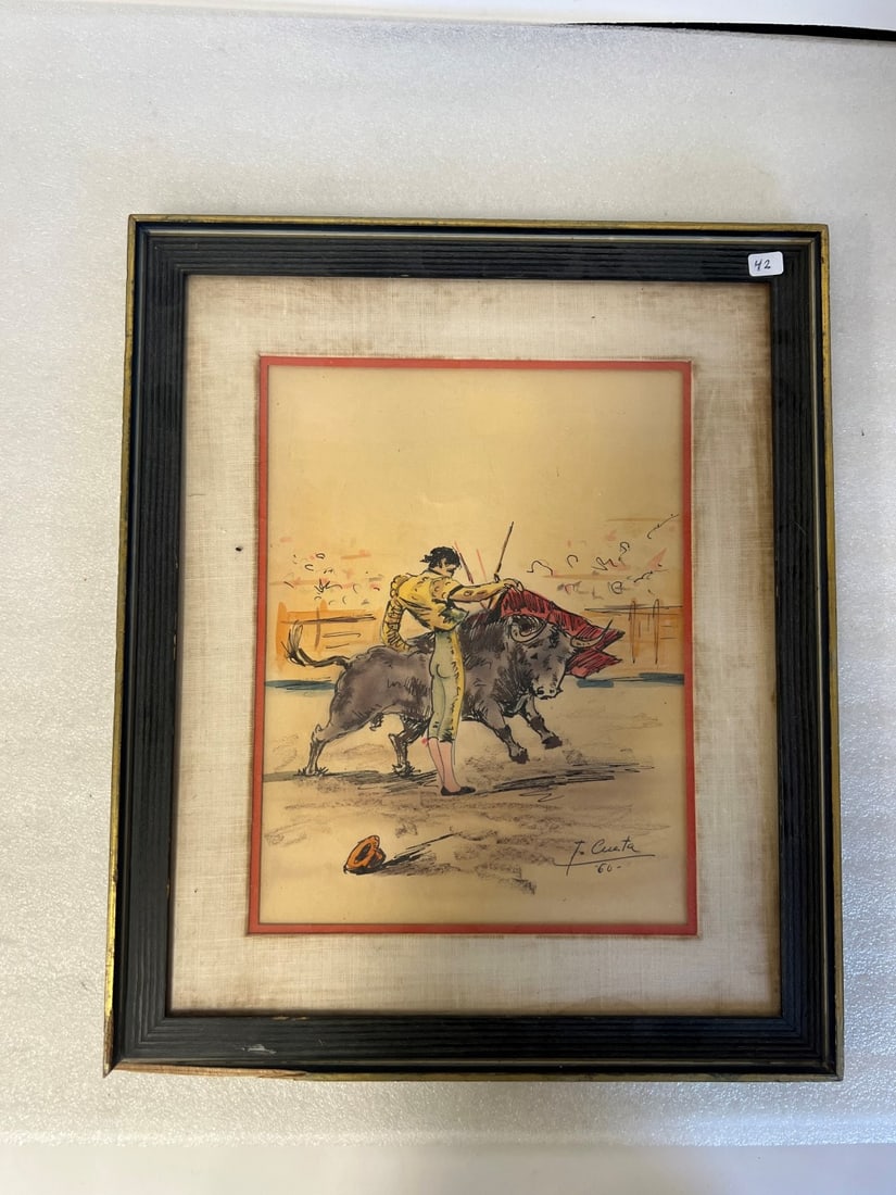 T. Cueta. Watercolor.: Bull fighter. Signed. Framed 15.7 "W x 18.5"