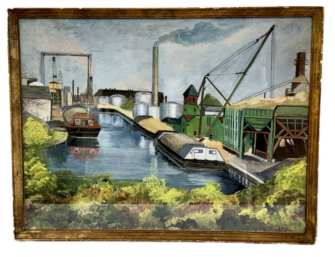 Edmund D. Lewandowski; 20thC. American Watercolor and Gouache Signed: Edmund Lewandowski (1914-1998) watercolor and gouache on paper. Industrial Canal. Signed lower left and dated 1938; 15in. x 20in.(image), 16in. x 21in.(framed)