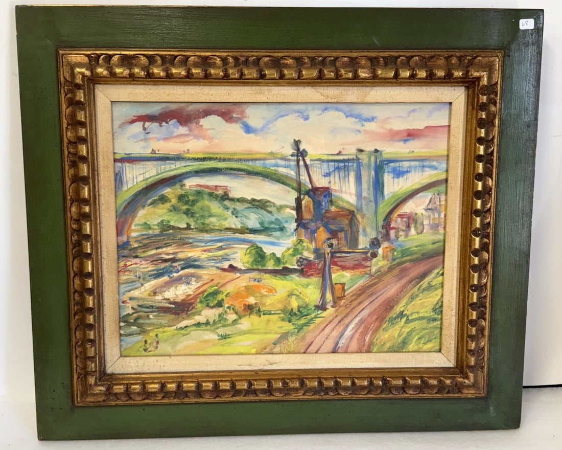 20thC. Modernist Watercolor Highbridge Signed: Watercolor on paper. Highbridge. Signed illegibly lower right; 15.5in. x 19.5in.(image), 22.75in. x 26.75in.(framed)