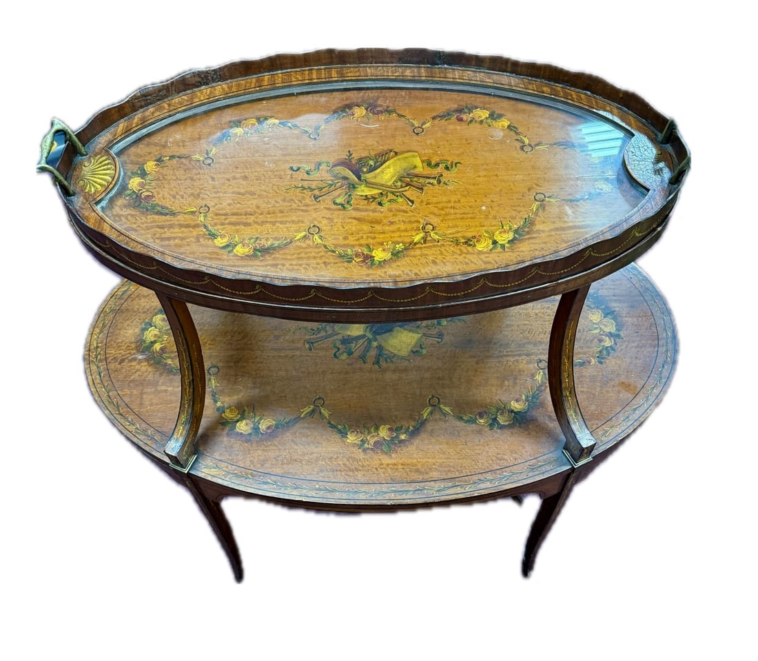 19thC. Adams English Edwardian Painted Etagere Table: Sheraton Revival style two-tier etagere table. Well painted and inlaid. Galleried-top removable tray. In the manner of Adams. Marked "Made in England"; 35in.H. x 35in.W. x 22in.D.