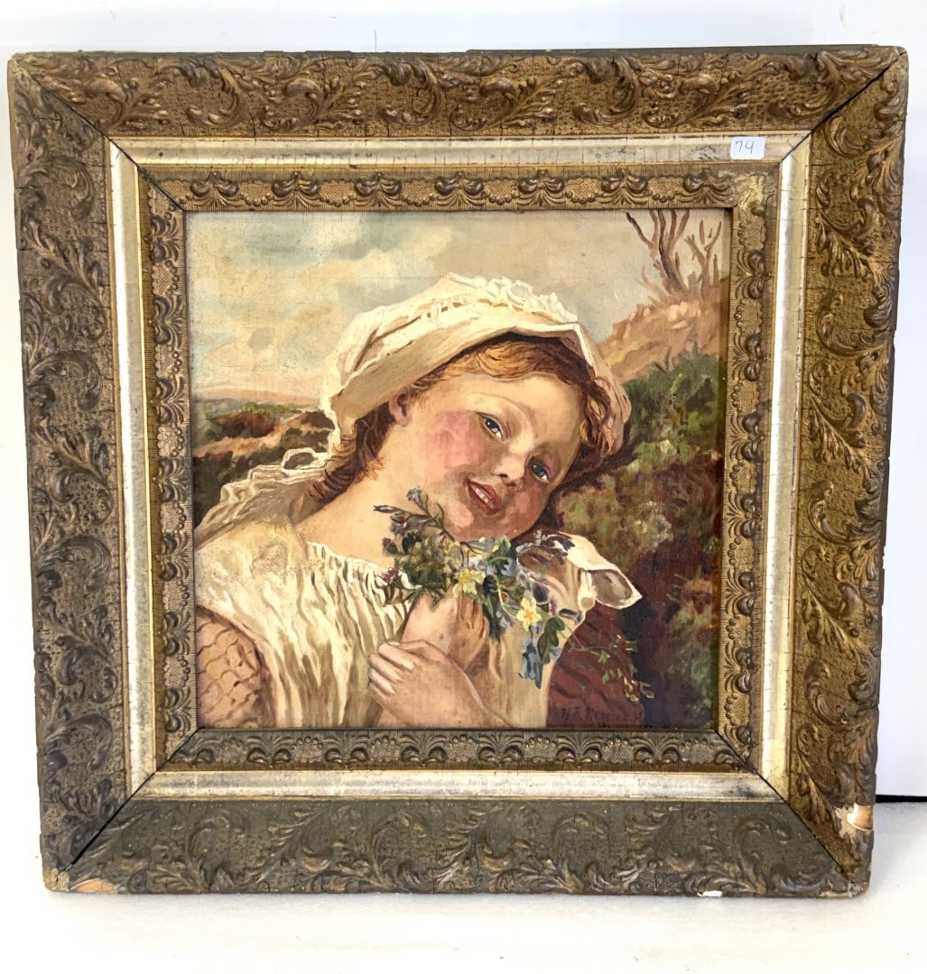 Oil on Canvas, Portrait Young Girl Sgd.: Oil on canvas. Portrait of a Young Girl with Flowers. Signed lower right and dated '95; 13in. x 13in.(image), 18.5in. x 18.5in.(framed)