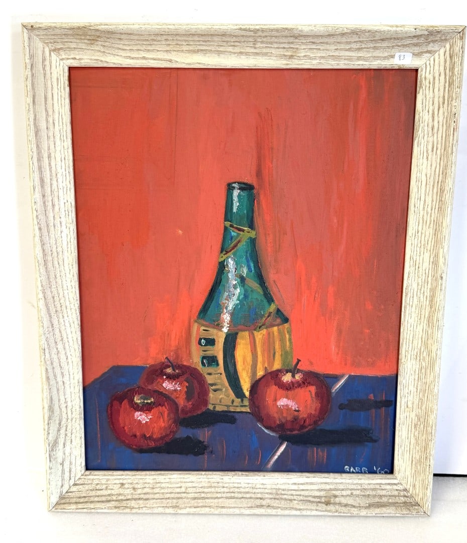 Barr; 20thC. Oil Still Life Signed: Oil on board. Still Life with Chianti Bottle. Signed lower right and dated '60; 20in. x 16in.(image0, 23in. x 19in.(framed)