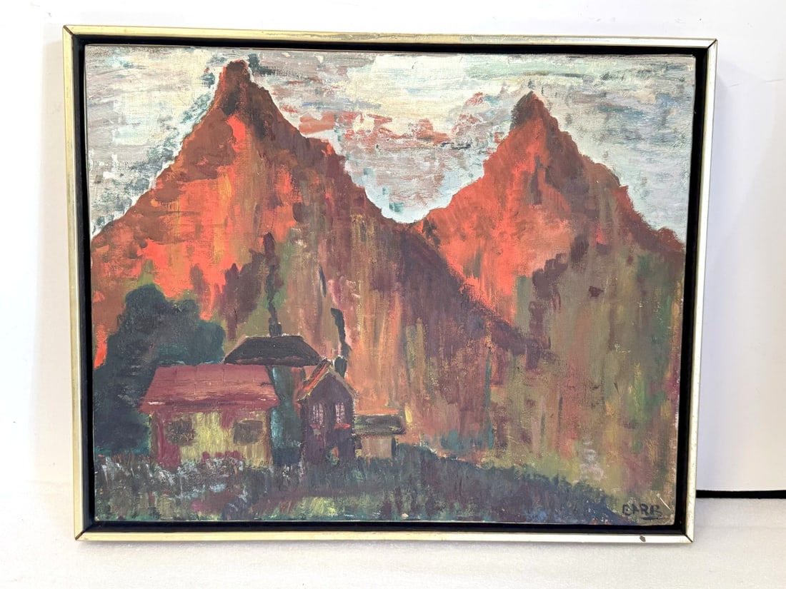 Barr; 20thC. Oil Mountaineous Landscape Signed: Oil on board. Mountaineous Landscape with Cabin. Signed lower right; 16in. x 20in.(image), 17in. x 21in.(framed)
