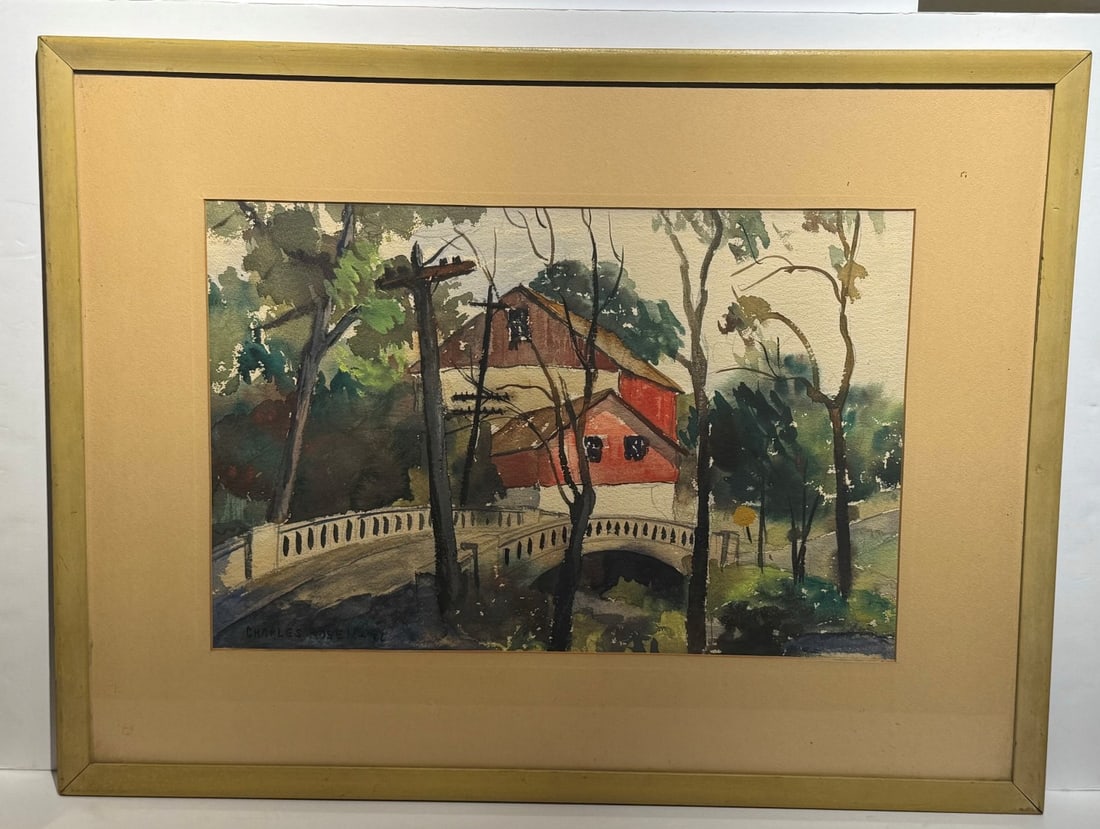 Charles Rosen; 20thC. American Watercolor Village Bridge Signed and Dated '36 (1 of 5)