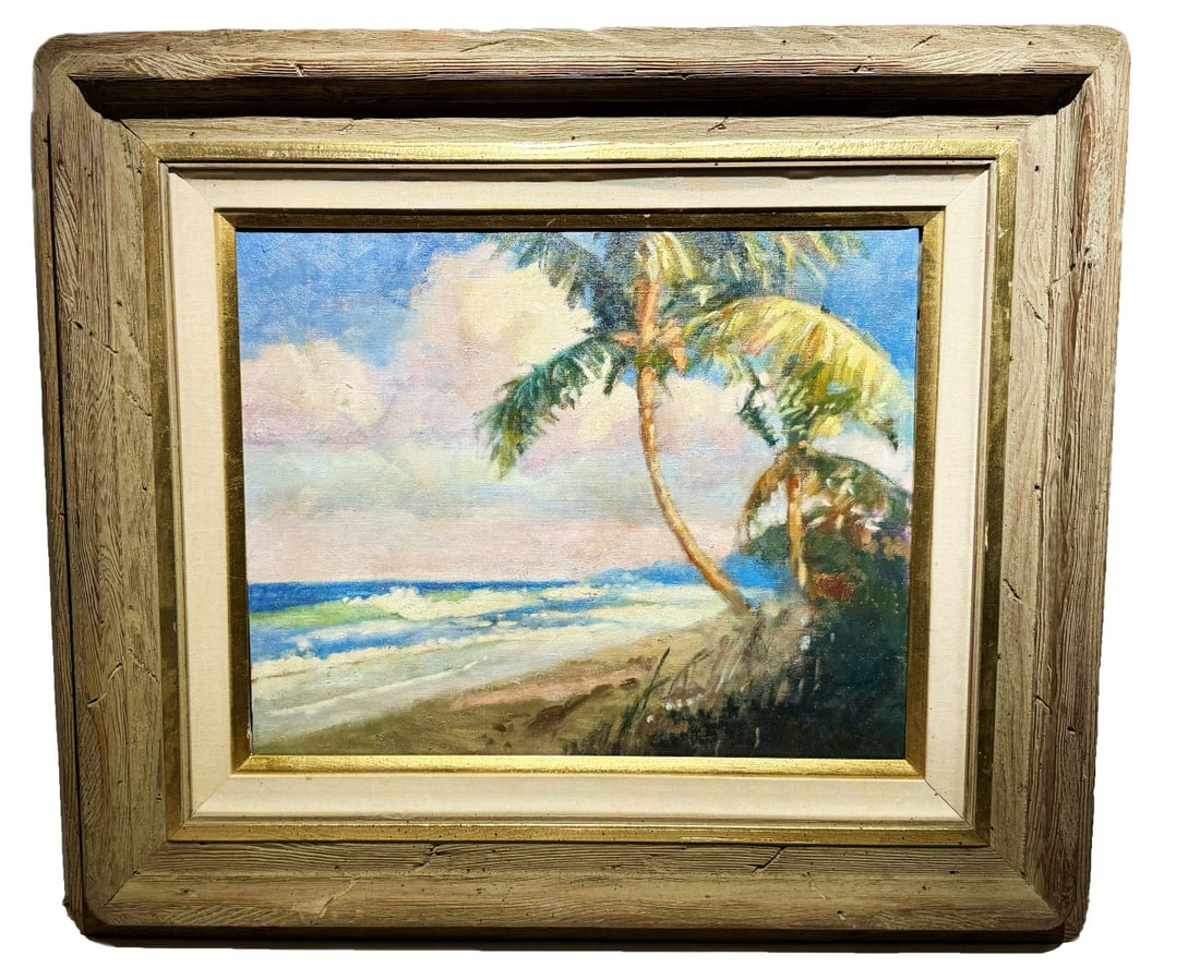Albert E. Backus; Important American Oil North Beach Signed: Albert Ernest (Beanie) Backus(1906-1990) oil on canvas. North Beach(Fort Pierce, Florida). Signed lower right and inscribed with title on reverse. Well framed; 16in. x 20in.(image), 23in. x