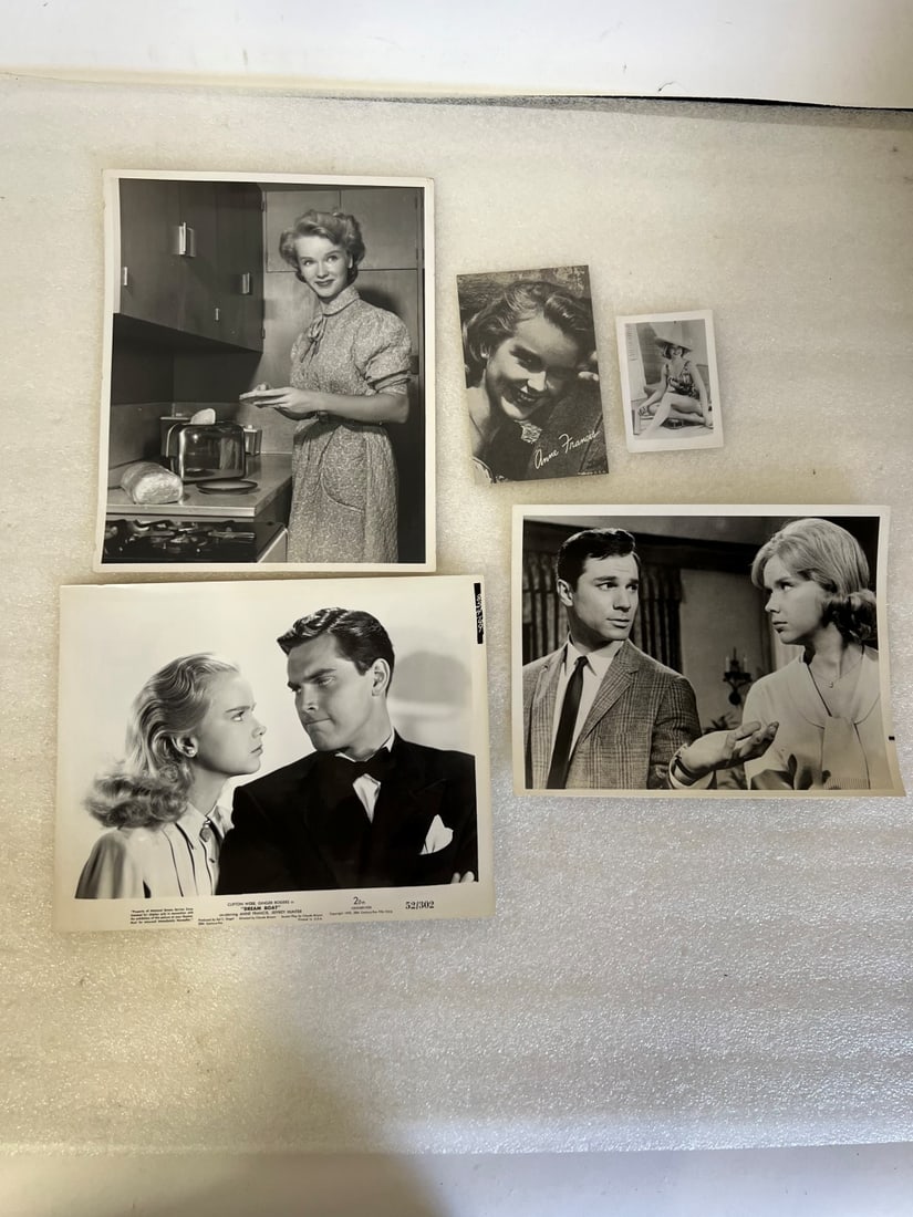 Anne Francis Mixed Collector's Lot (5): Dream Boat Publicity Photo, The Satan Bug with publicity promo, MGM publicity photo with back stamp, Fan Club membership card and a postcard. Five items in the lot.