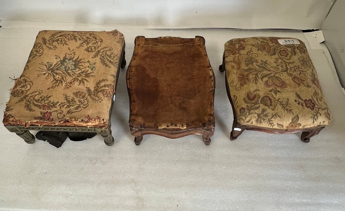 Antique Upholstered Foot Stools (3): 7" H x 13 1/2" W x 11" D