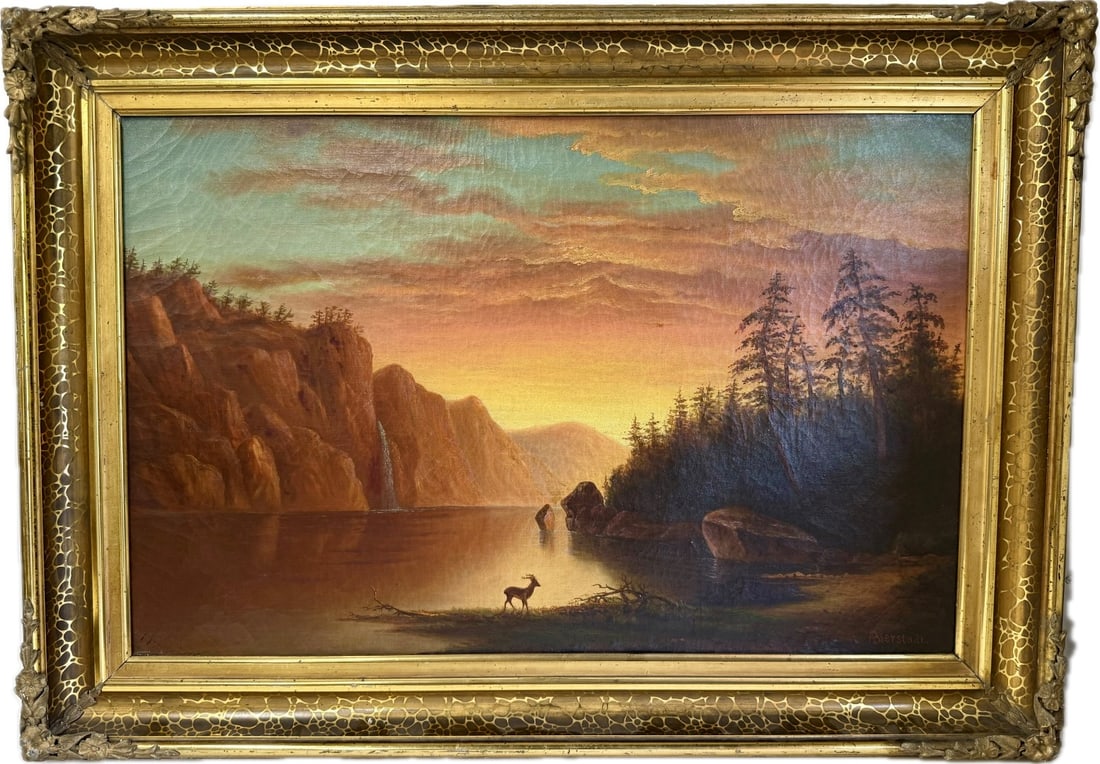 Albert Bierstadt(after); 19thC. American Oil Sunset Over the Adirondacks: Albert Bierstadt(1830-1902) oil on canvas. Sunset Over the Adirondacks. After Bierstadt. Bears signature lower right; 22in. x 34in.(image), 29in. x 41.5in.(framed)