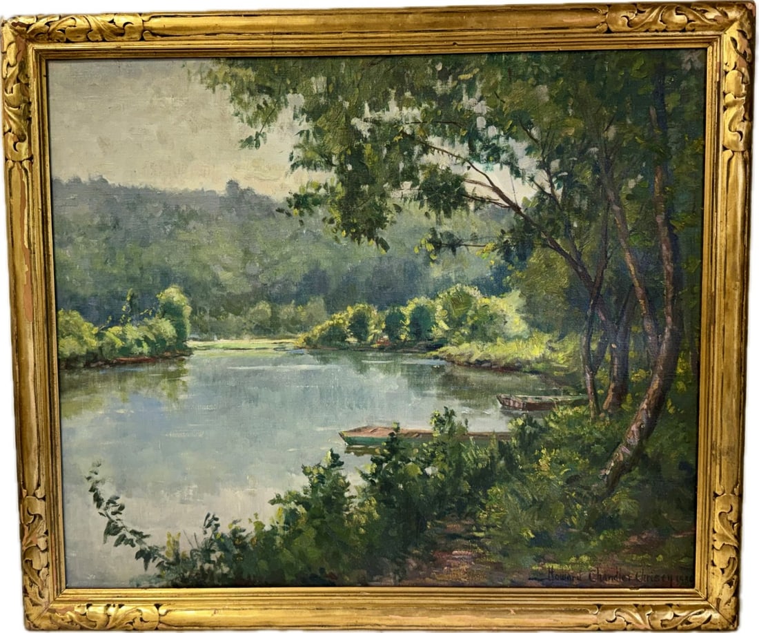 Howard Chandler Christy; American Oil Along the Riverbank Signed: Howard Chandler Christy (1872-1952) oil on canvas. Along the Riverbank.Signed lower right and dated 1936; 25in. x 30in.(image), 28.5in. x 33.5in.(framed)