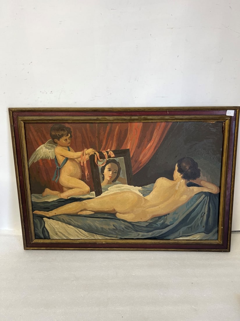 Oil on Board, Nude with Self Portrait: Framed 21" H x 32"W