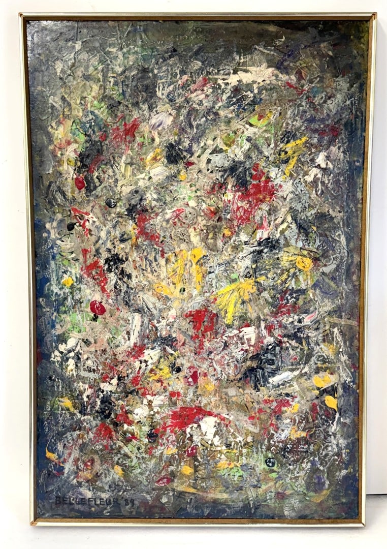 Leon Bellefleur; 20thC. Canadian Oil Abstract Composition Signed: Leon Bellefleur(Canadian 1910-2007) oil on canvas. Abstract Composition. Signed lower left and dated '89; 36in. x 24in.(image), 37.5in. x 25in.(framed)