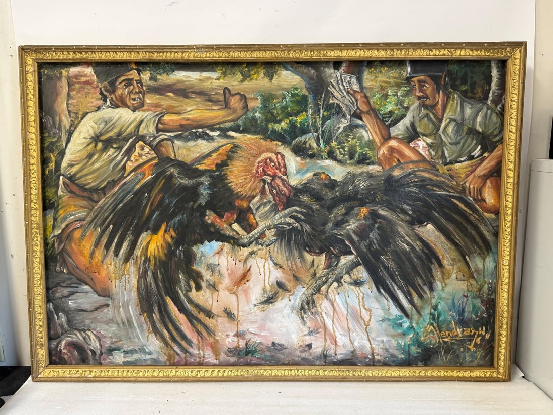 Large 20thC. Oil The Cock Fight Signed: As pictured.