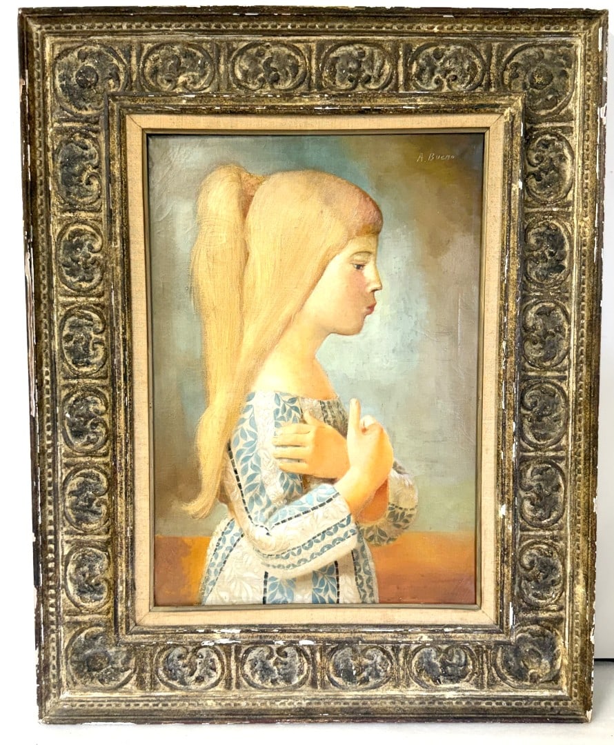 Antonio Bueno; 20thC. German Oil Young Girl Signed: Antonio Bueno(1918-1984) oil on canvas. Young Girl. Signed upper right. Well framed; 26in. x 18in.(image), 37.5in. x 30in.(framed)