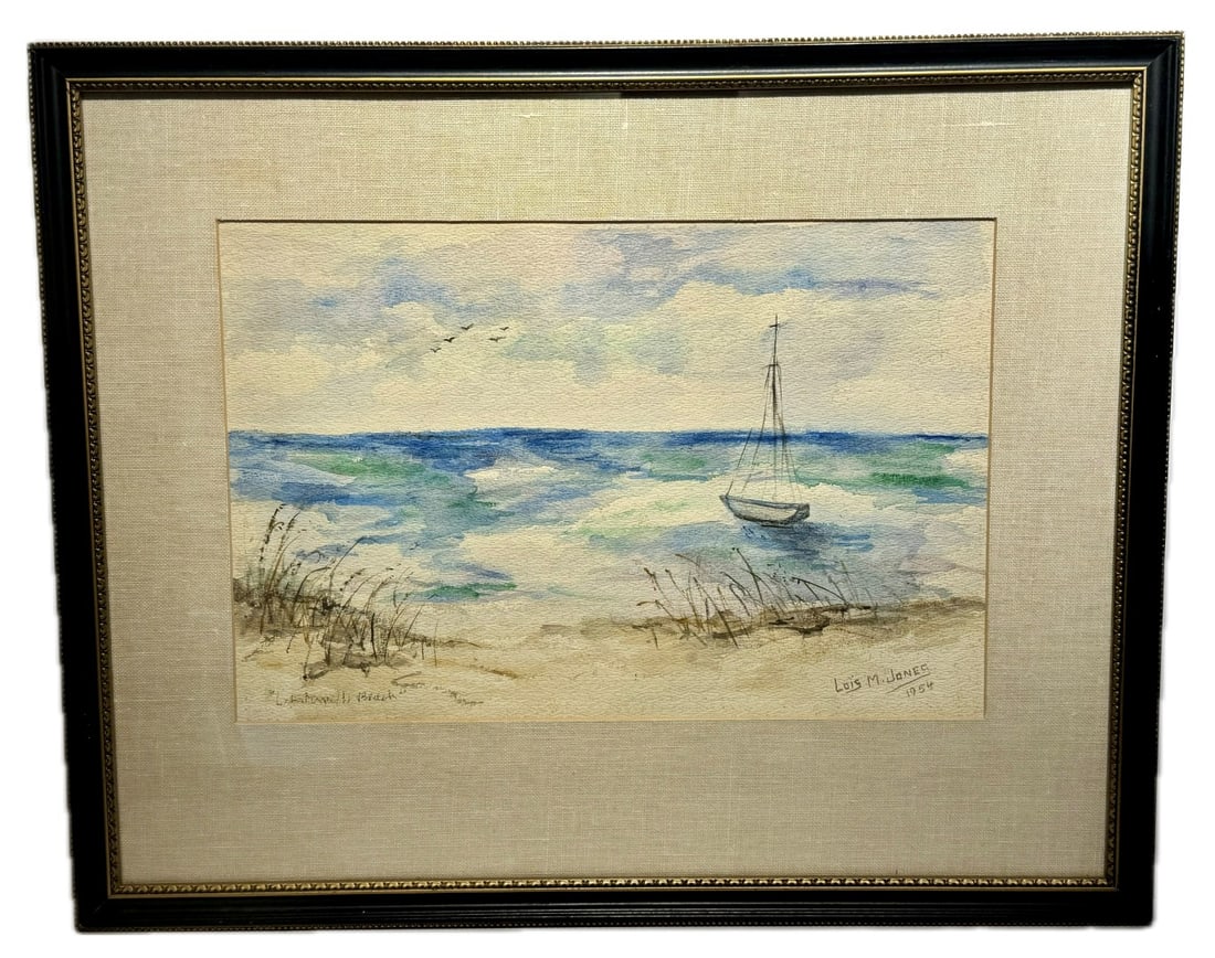 Lois M. Jones; 20thC. American Watercolor Lobsterville Beach Signed: Lois Mailou Jones(1905-1998) watercolor on paper. Lobsterville Beach(Martha's Vineyard). Signed lower right, dated 1954 and inscribed with title; 11.5in. x 17.5in.(image), 20in. x 25in.(framed)