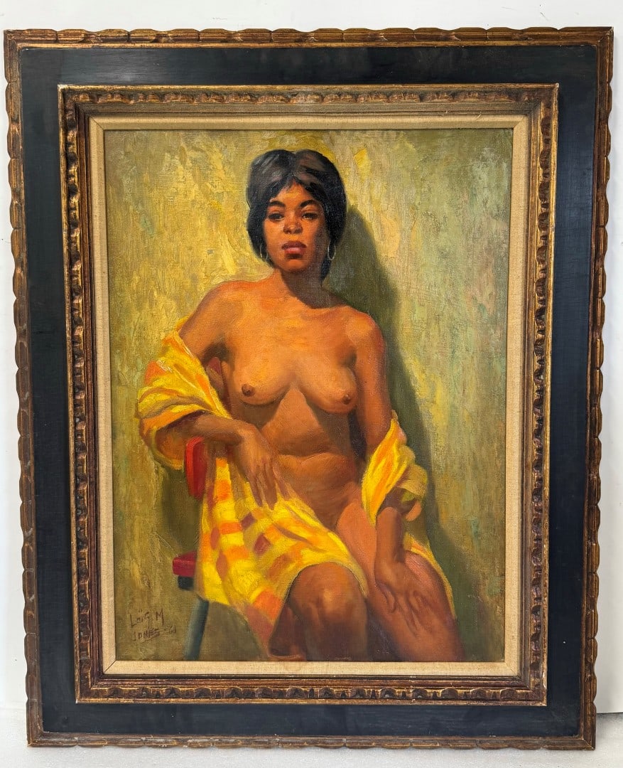 Lois M. Jones; 20thC. American Oil Black Model Signed: Lois Mailou Jones (1905-1998) oil on board. Portrait of a Black Model. Signed lower left and dated '61; 24in. x 18in.(image), 32.5in. x 26in.(framed)