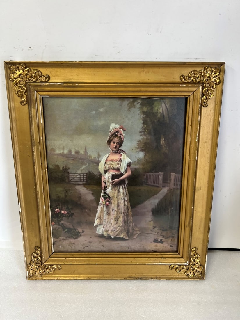 Victorian Framed Colored Print: Framed print of a woman; 22.75in. x 19.5in.