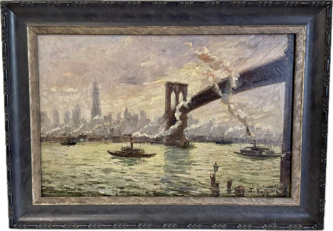 Tavik Simon; 20thC. Oil Morning Under the Brooklyn Bridge Signed (1 of 6)