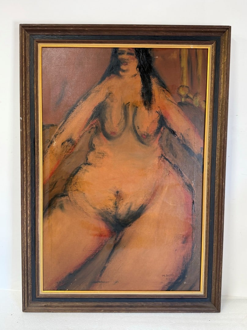 Martin David; 20thC. Modernist Oil Nude Signed: Martin A David; oil on canvas. Nude on a Brass Bed. Signed and dated lower right. Inscribed on reverse with title and dated Oct. 1963; 36in. x 24in.(image), 41in. x 29in.(framed)