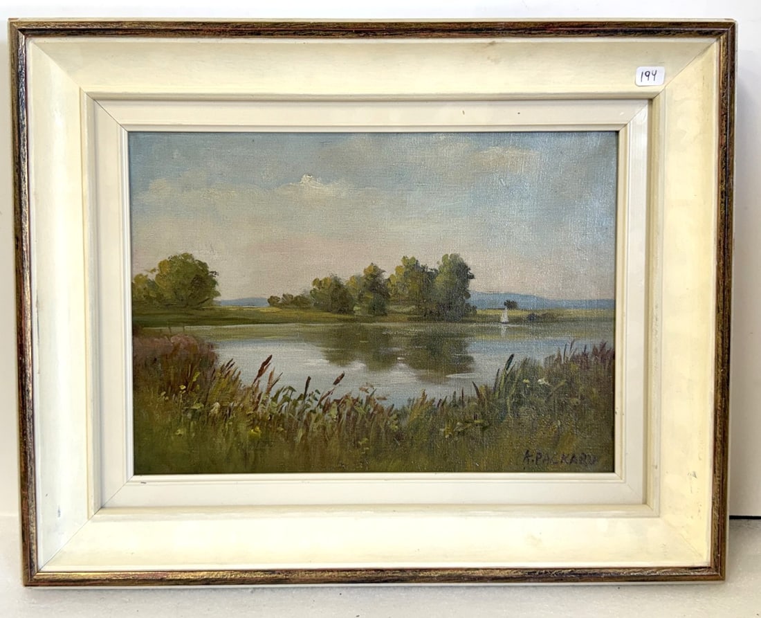 A. Packard; American Lake Scene Signed: Oil on canvas. Lake Scene. Signed lower right; 10in. x 14in.(image), 15in. x 18.75in.(framed)