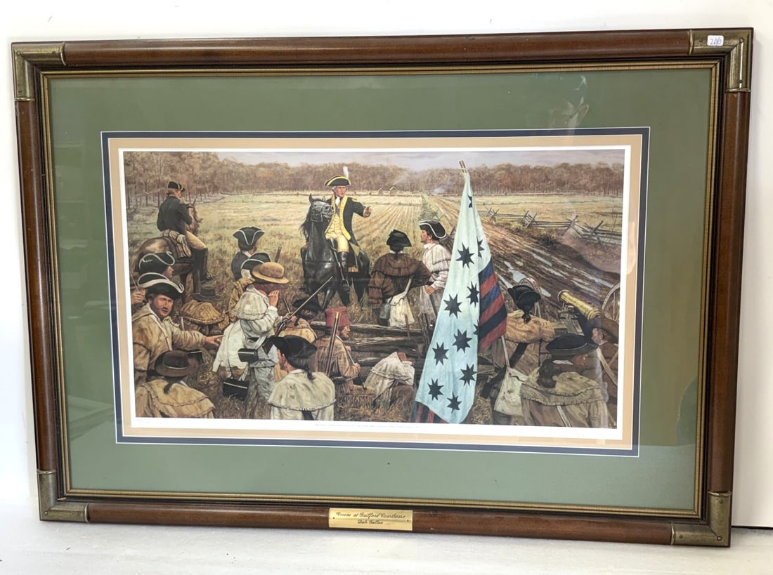 Dale Gallon; Limited Edition Print: Limited edition print. Greene at Guilford Courthouse. Pencil signed and numbered 908/950. COA on reverse; 13.25in. x 26.75in.(image), 26.75in. x 39in.(framed)