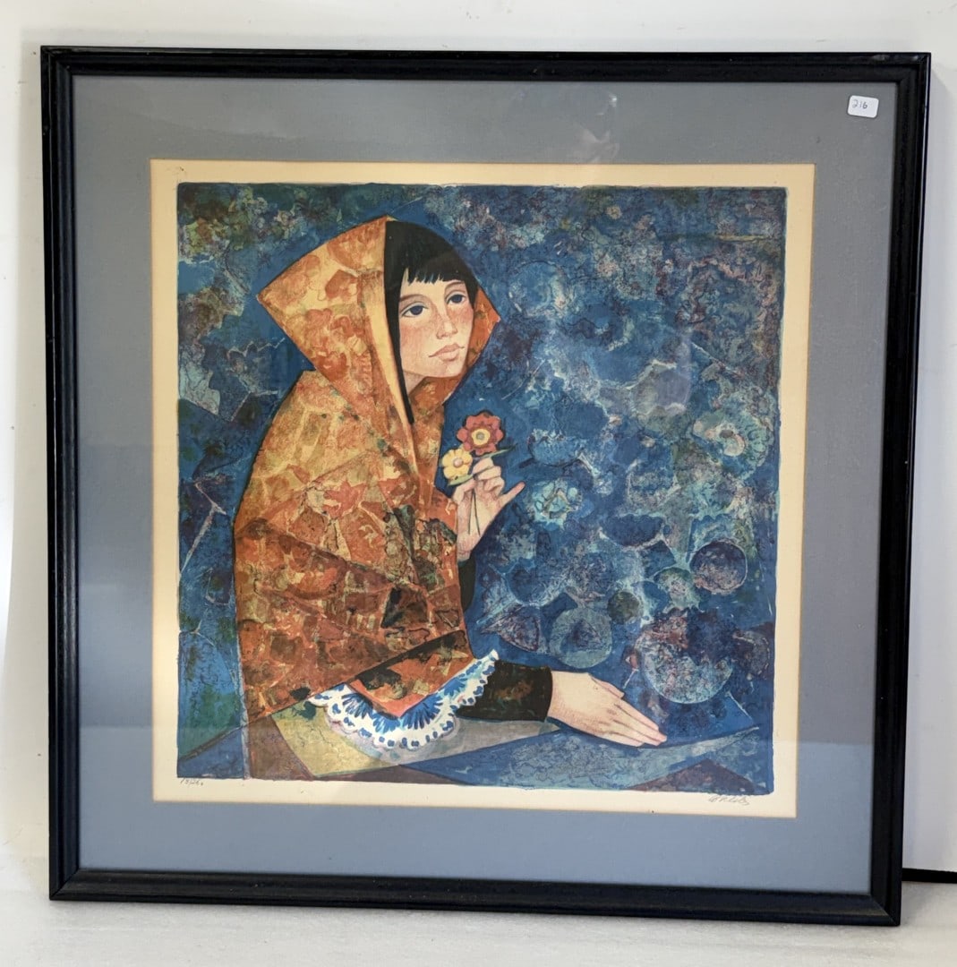 Gabriel Potoles; 20thC. Lithograph Signed: Color lithograph. Young Woman. Pencil signed and numbered 13/260; 18in. x 18in.(image), 23.5in. x 23.5in.(framed)