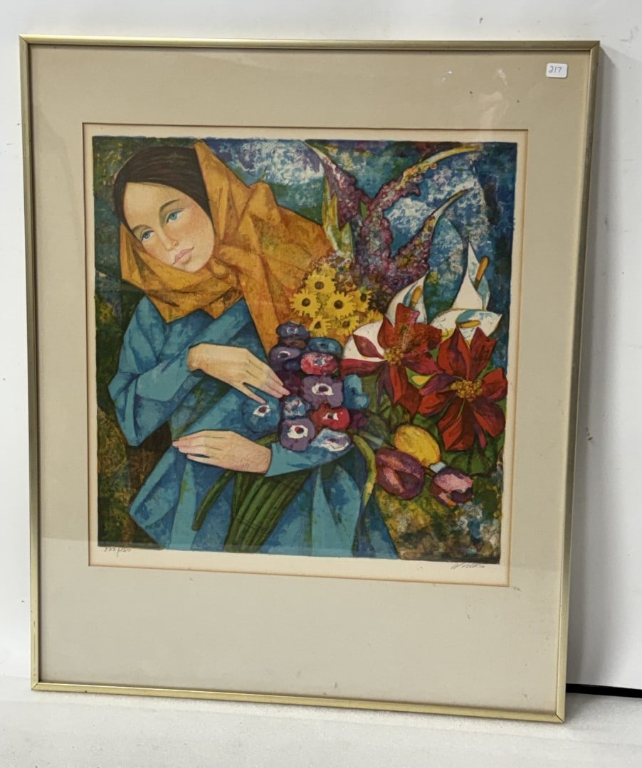 Gabriel Potoles; 20thC. Lithograph Signed: Color lithograph. Young Woman. Pencil signed and numbered 222/260; 17.25in. x 18in.(image), 26.75in. x 22in.(framed)