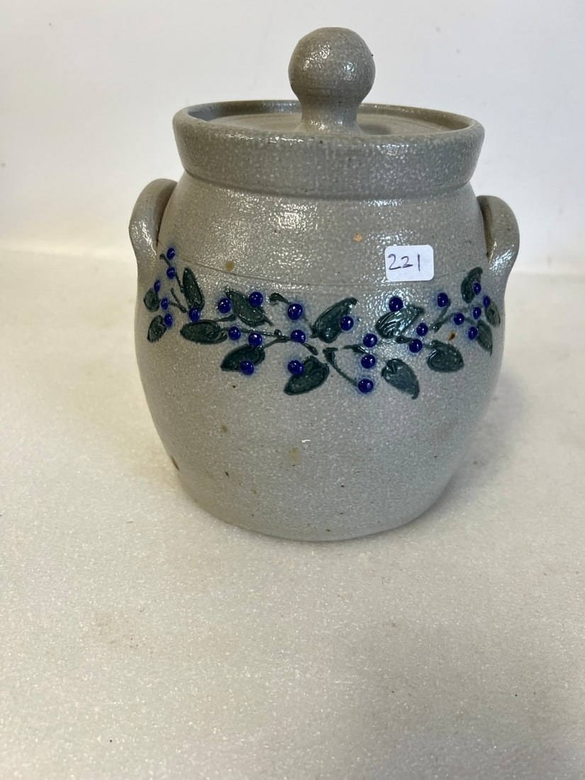 Blue Decorated Stoneware Covered Jug: 8"H