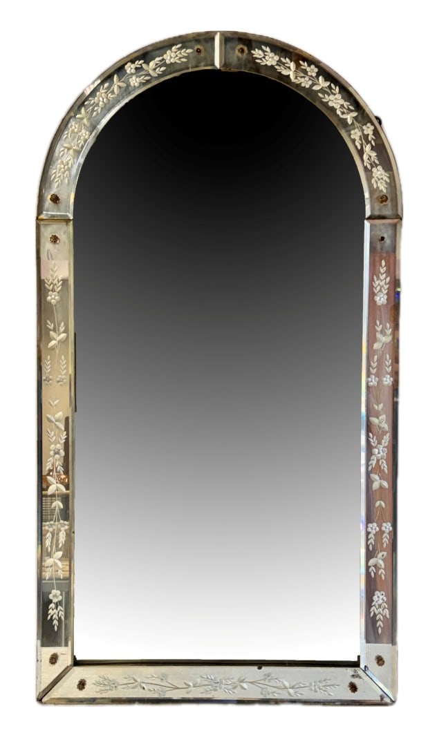 Venetian Glass Wall Mirror: Arched top Venetian glass wall mirror; 39.5in. x 21.5in. As is needing hardware