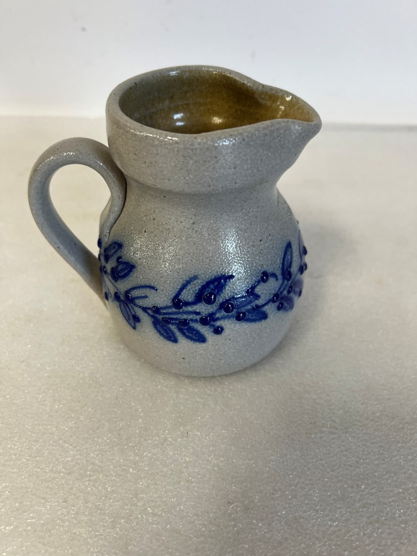 Blue Decorated Stoneware Pitcher: 5"H