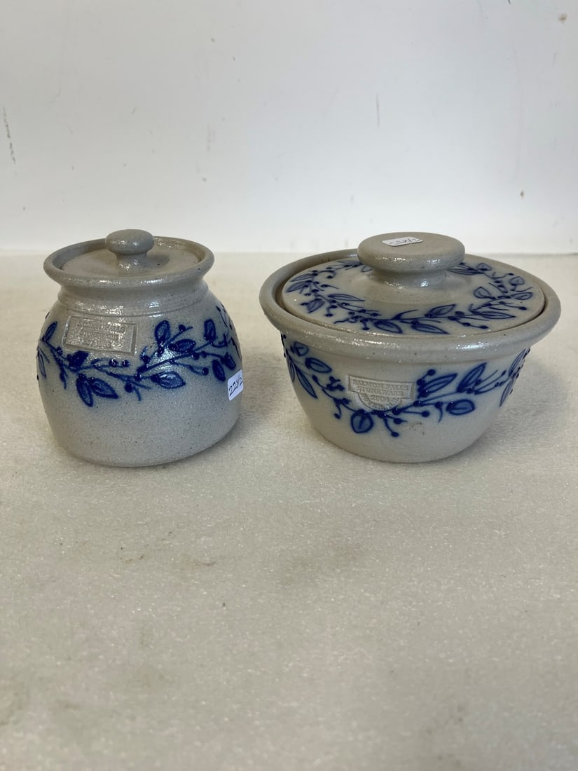 Two Blue Decorateed Covered Stoneware Pcs.: 4 1'2: H x 6 1.2:W and 4 1/2"H x 4 1/2"