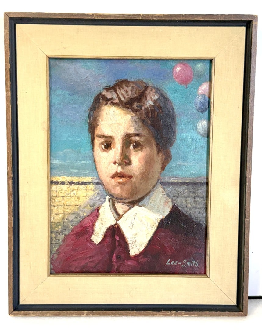 Hughie Lee-Smith; American Portrait of a Boy Signed: HUGHIE LEE-SMITH (1915-1999) oil on board. Portrait of a Boy with Balloons. Signed Lee-Smith lower right; 12in. x 9in.(image), 16in. x 13in.(framed)