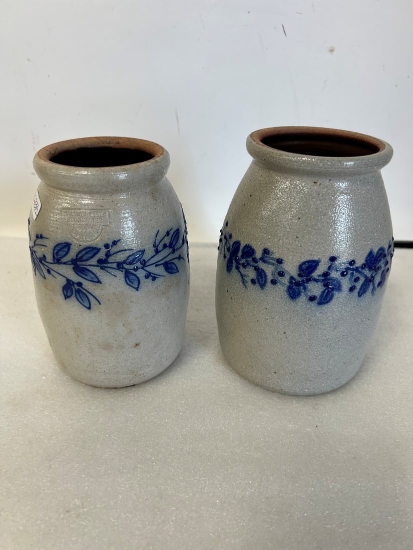 Salmon Falls Dover NH Blue Decorated Stoneware (2): 6 1/2"H
