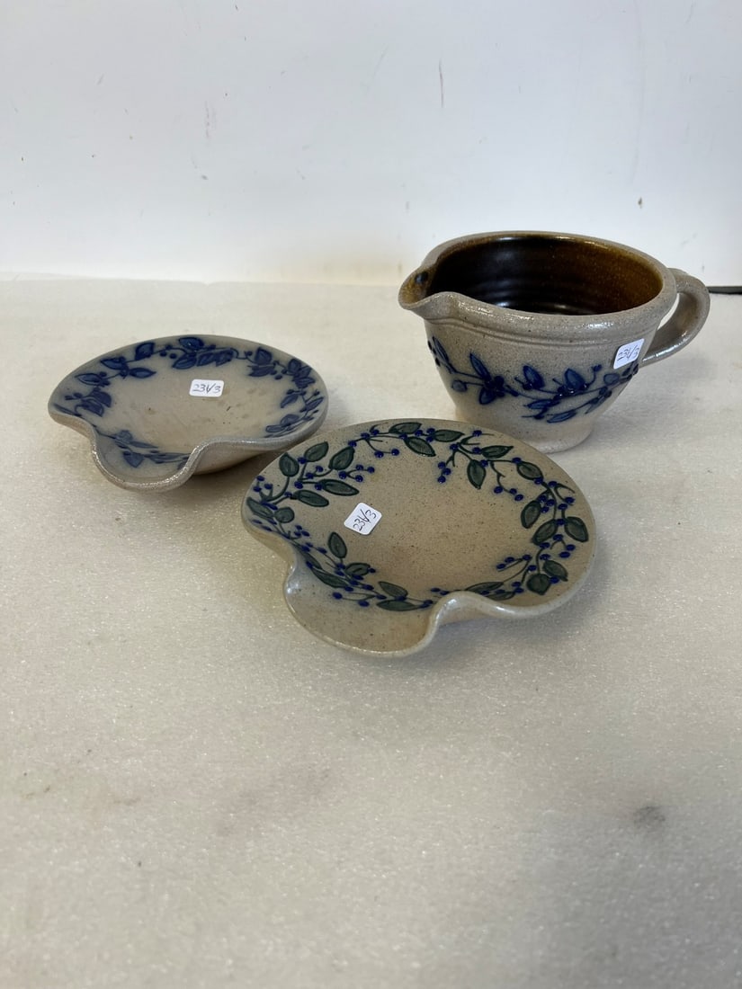 Blue Decorated Stoneware ( 3): Pitcher and two underplates, 3 1/2"H x 7 1/2 D and 6" D (2)